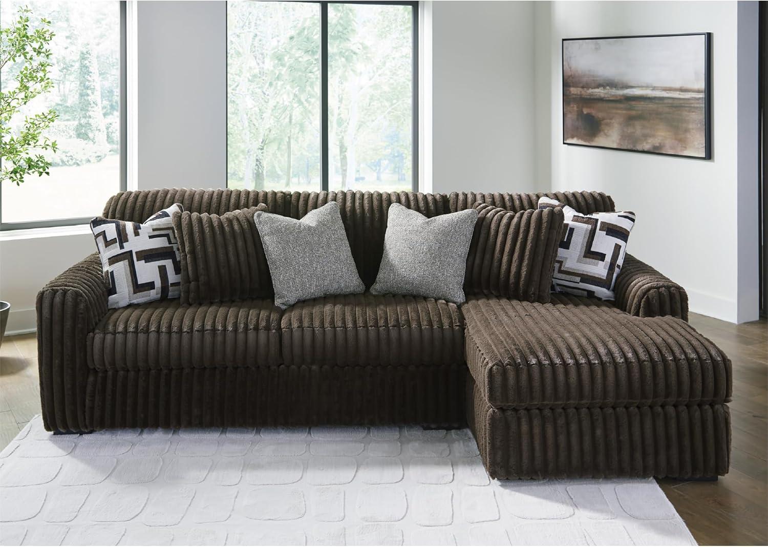 imageSignature Design by Ashley MidnightMadness Contemporary Oversized Chaise with Reversible Cushions USB Ports and Cup Holders Dark BrownBrown