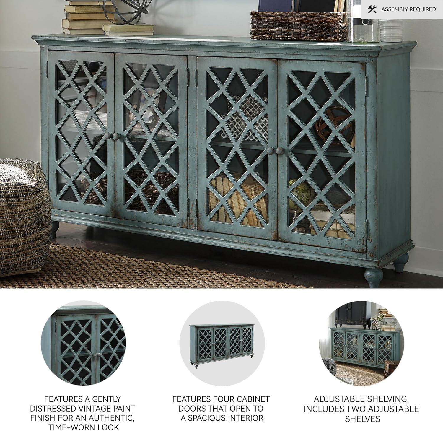imageSignature Design by Ashley Mirimyn Vintage 69quot 4Door Accent Cabinet with Mirrored Glass and 2 Adjustable Shelves Antique BlueBlue