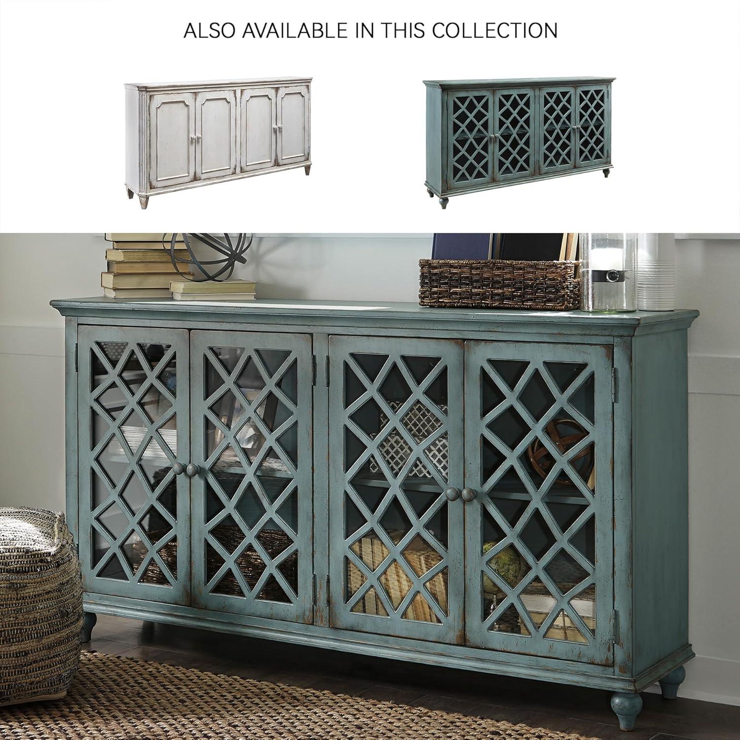 imageSignature Design by Ashley Mirimyn Vintage 69quot 4Door Accent Cabinet with Mirrored Glass and 2 Adjustable Shelves Antique BlueBlue
