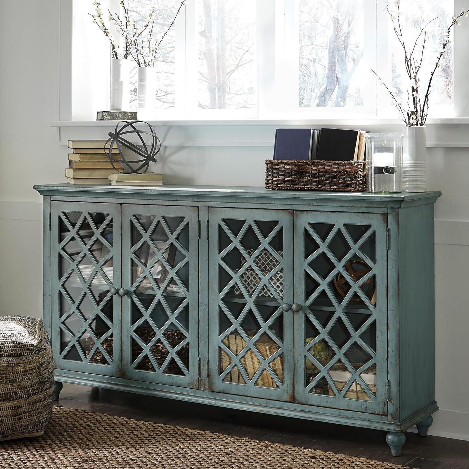imageSignature Design by Ashley Mirimyn Vintage 69quot 4Door Accent Cabinet with Mirrored Glass and 2 Adjustable Shelves Antique BlueBlue