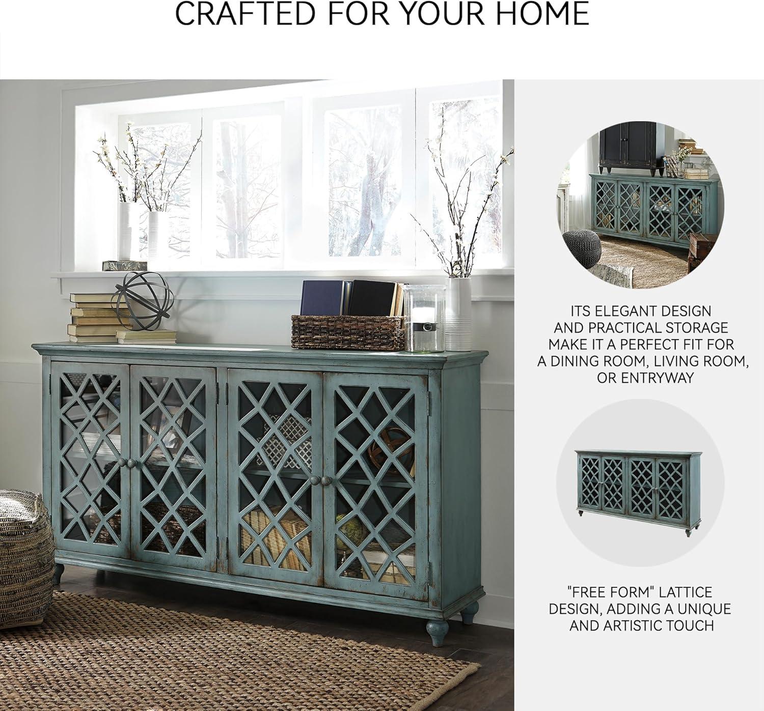 imageSignature Design by Ashley Mirimyn Vintage 69quot 4Door Accent Cabinet with Mirrored Glass and 2 Adjustable Shelves Antique BlueBlue