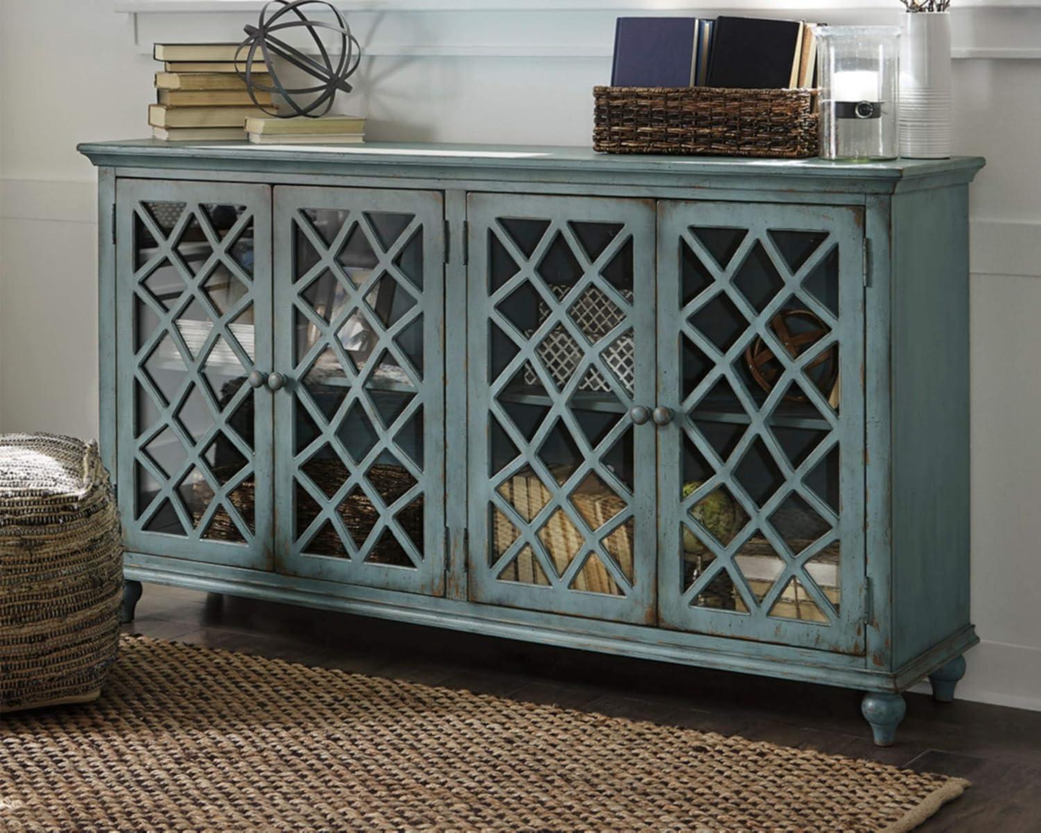 imageSignature Design by Ashley Mirimyn Vintage 69quot 4Door Accent Cabinet with Mirrored Glass and 2 Adjustable Shelves Antique BlueBlue