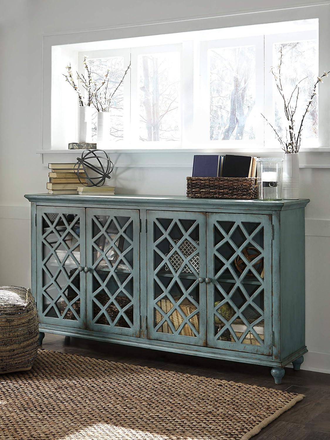 imageSignature Design by Ashley Mirimyn Vintage 69quot 4Door Accent Cabinet with Mirrored Glass and 2 Adjustable Shelves Antique BlueBlue