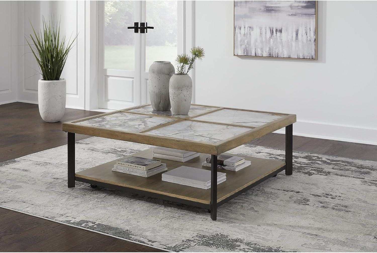 imageSignature Design by Ashley Montia Contemporary Sintered Stone Tabletop Cocktail Table with 4 Legs Light Brown ampamp Gray