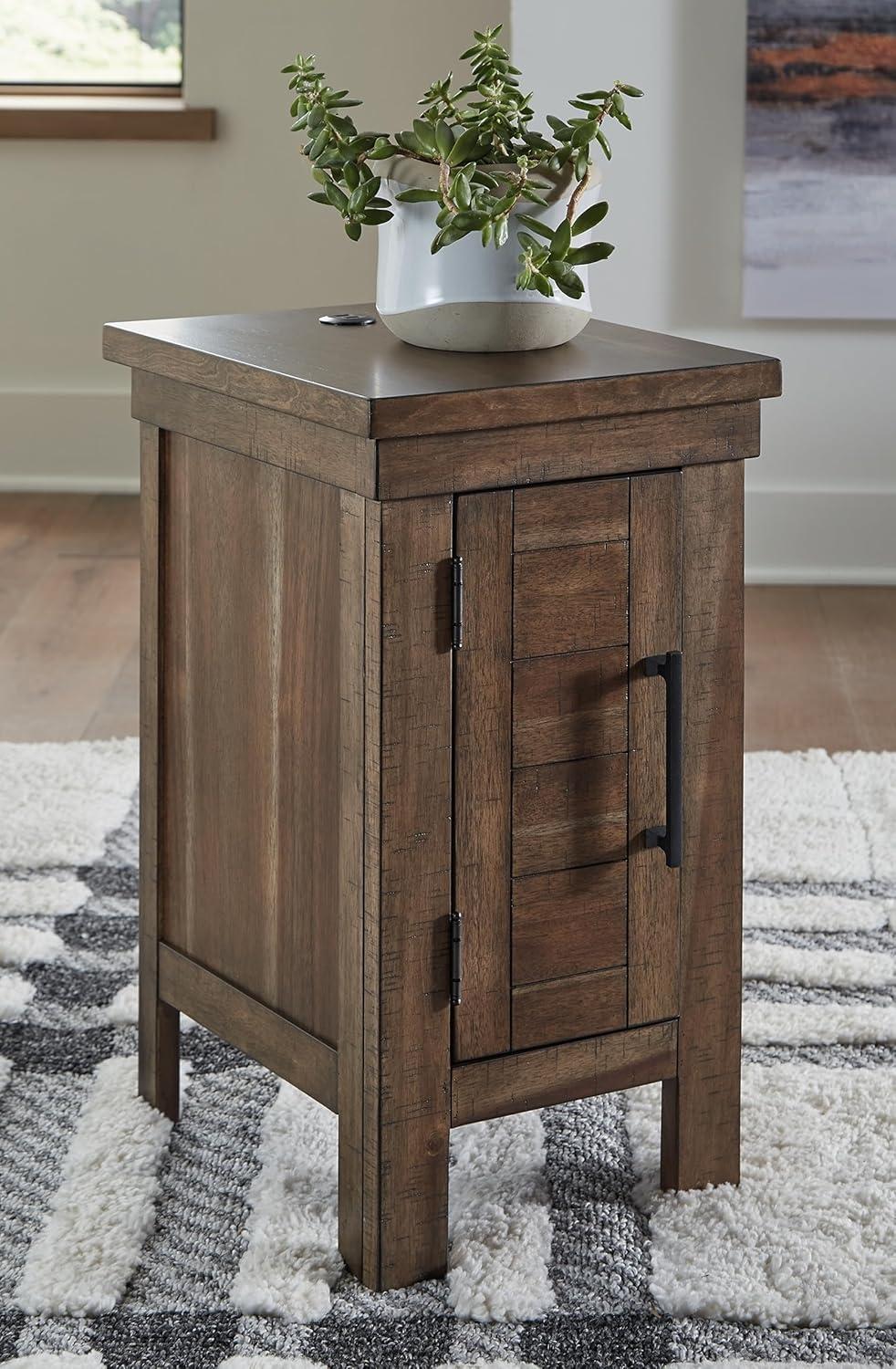 imageSignature Design by Ashley Moriville Rustic Farmhouse End Table with 1 Cabinet Door and USB Ports BrownBrown