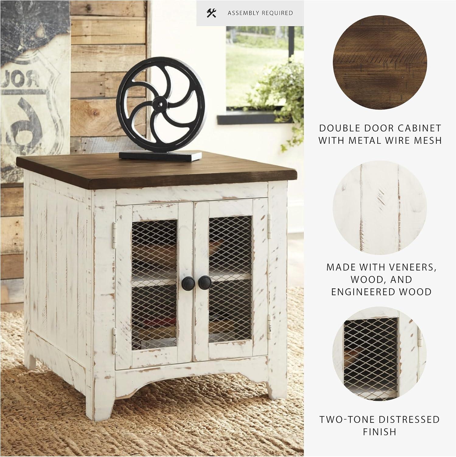 imageSignature Design by Ashley Moriville Rustic Farmhouse Rectangular End Table with Dual Cabinet Doors Antique BronzeTone Hardware Wood 25quot High BrownWhiteBrown