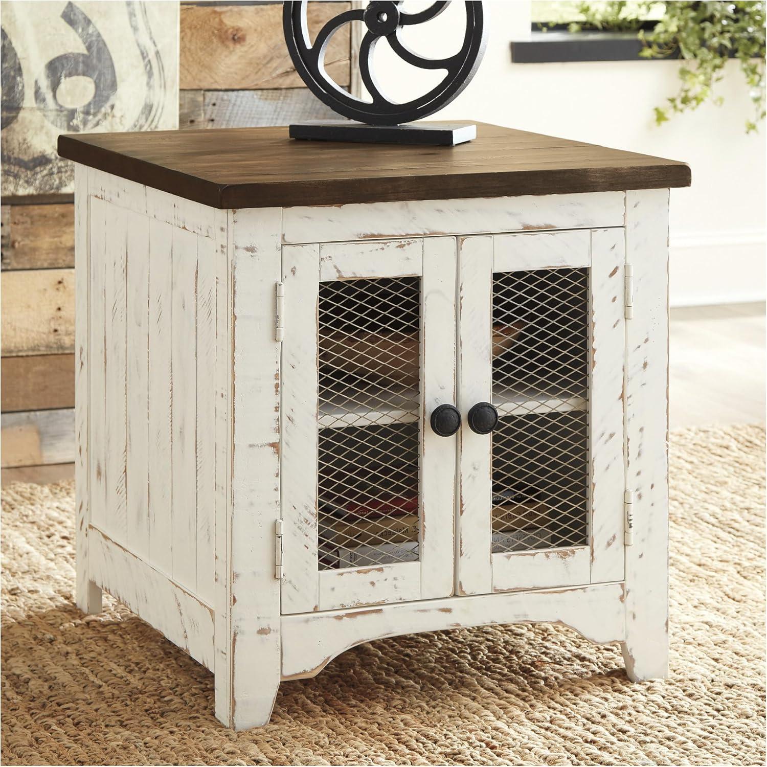 imageSignature Design by Ashley Moriville Rustic Farmhouse Rectangular End Table with Dual Cabinet Doors Antique BronzeTone Hardware Wood 25quot High BrownWhiteBrown