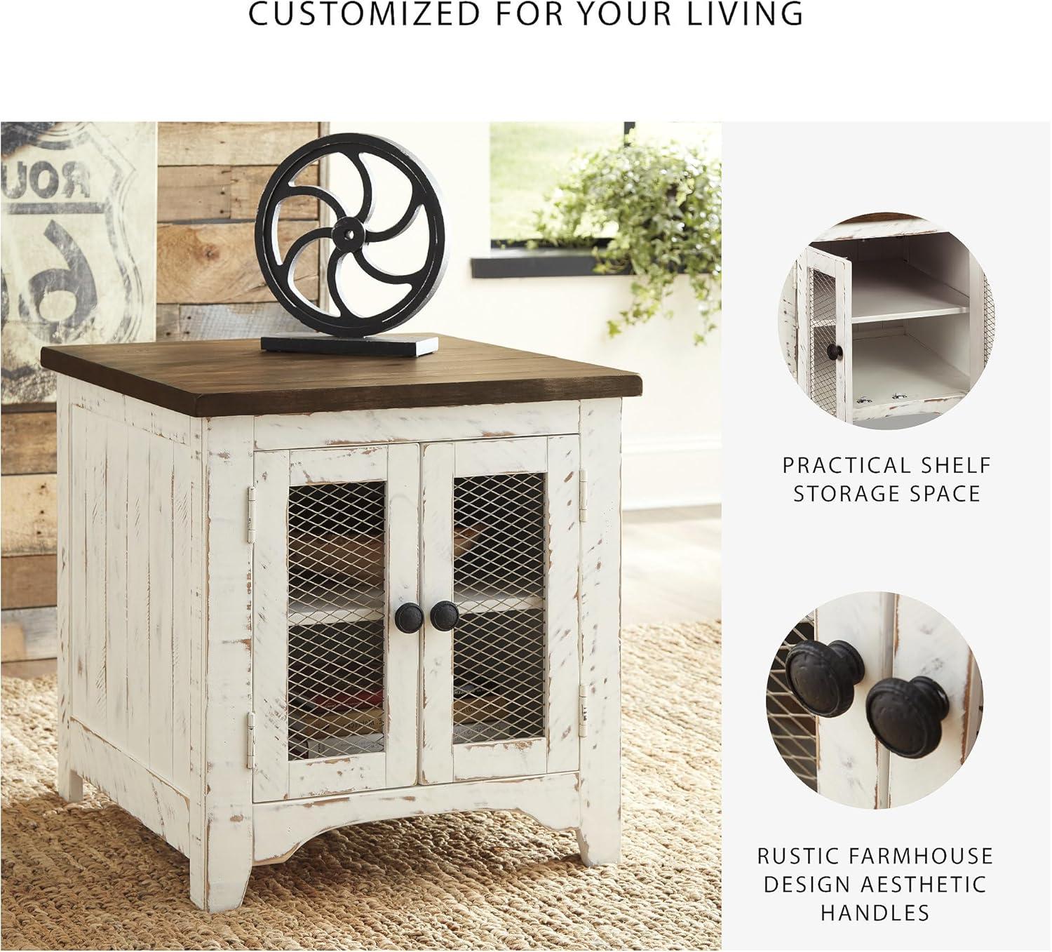 imageSignature Design by Ashley Moriville Rustic Farmhouse Rectangular End Table with Dual Cabinet Doors Antique BronzeTone Hardware Wood 25quot High BrownWhiteBrown