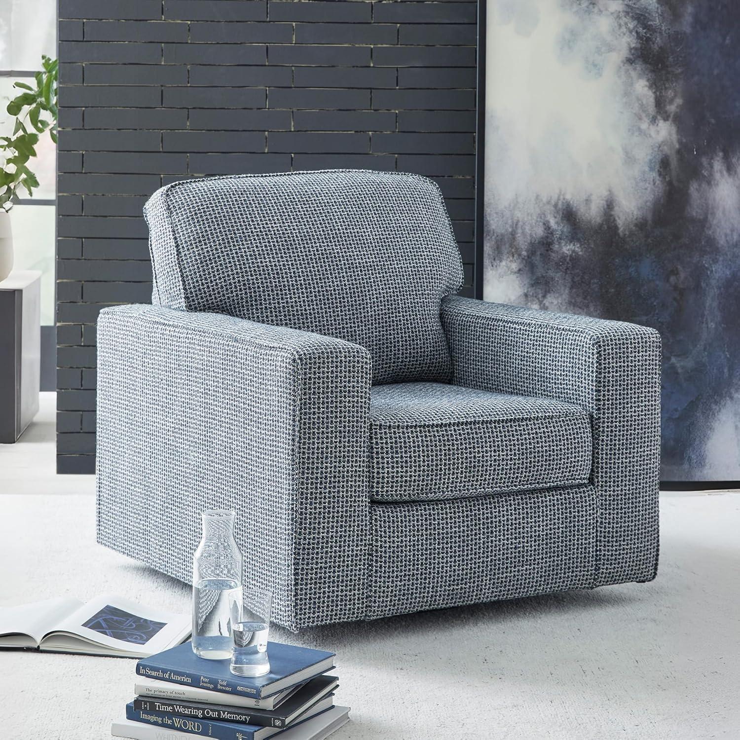 imageSignature Design by Ashley Olwenburg Casual Swivel Accent Chair with Track Arms Metal Swivel Base and Removable Cushions BlueBlue