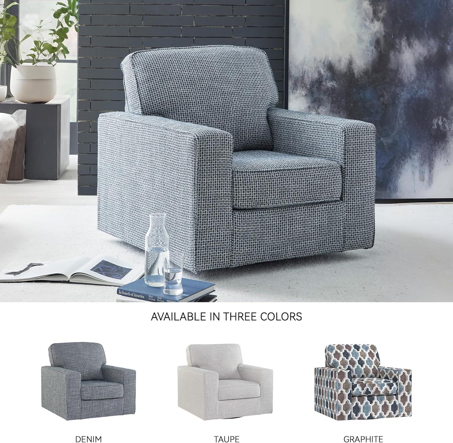 imageSignature Design by Ashley Olwenburg Casual Swivel Accent Chair with Track Arms Metal Swivel Base and Removable Cushions BlueBlue