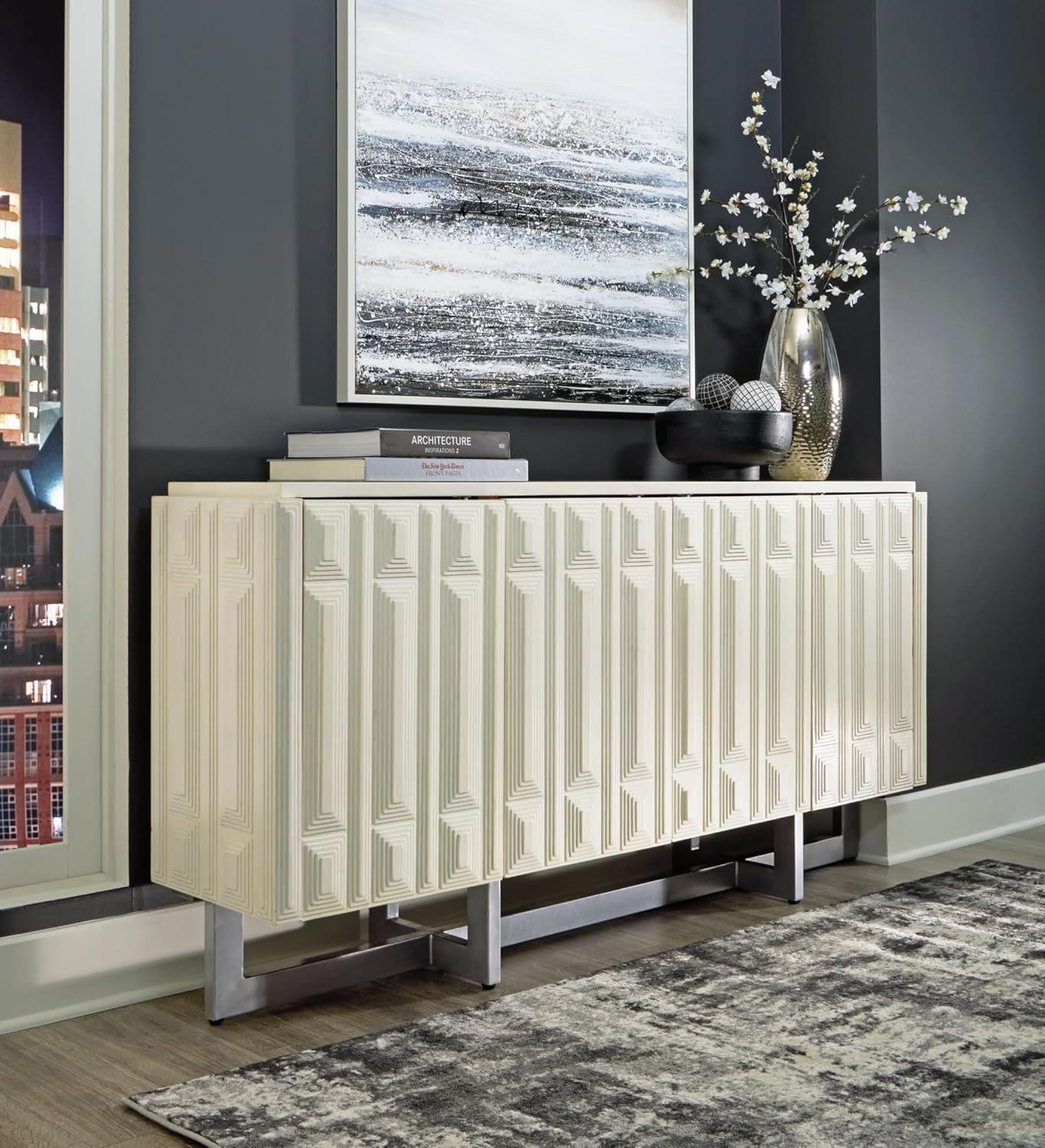 imageSignature Design by Ashley Ornawel Contemporary 4Door Accent Cabinet with 2 Shelves Step Pattern and Lightly Distressed Finish White