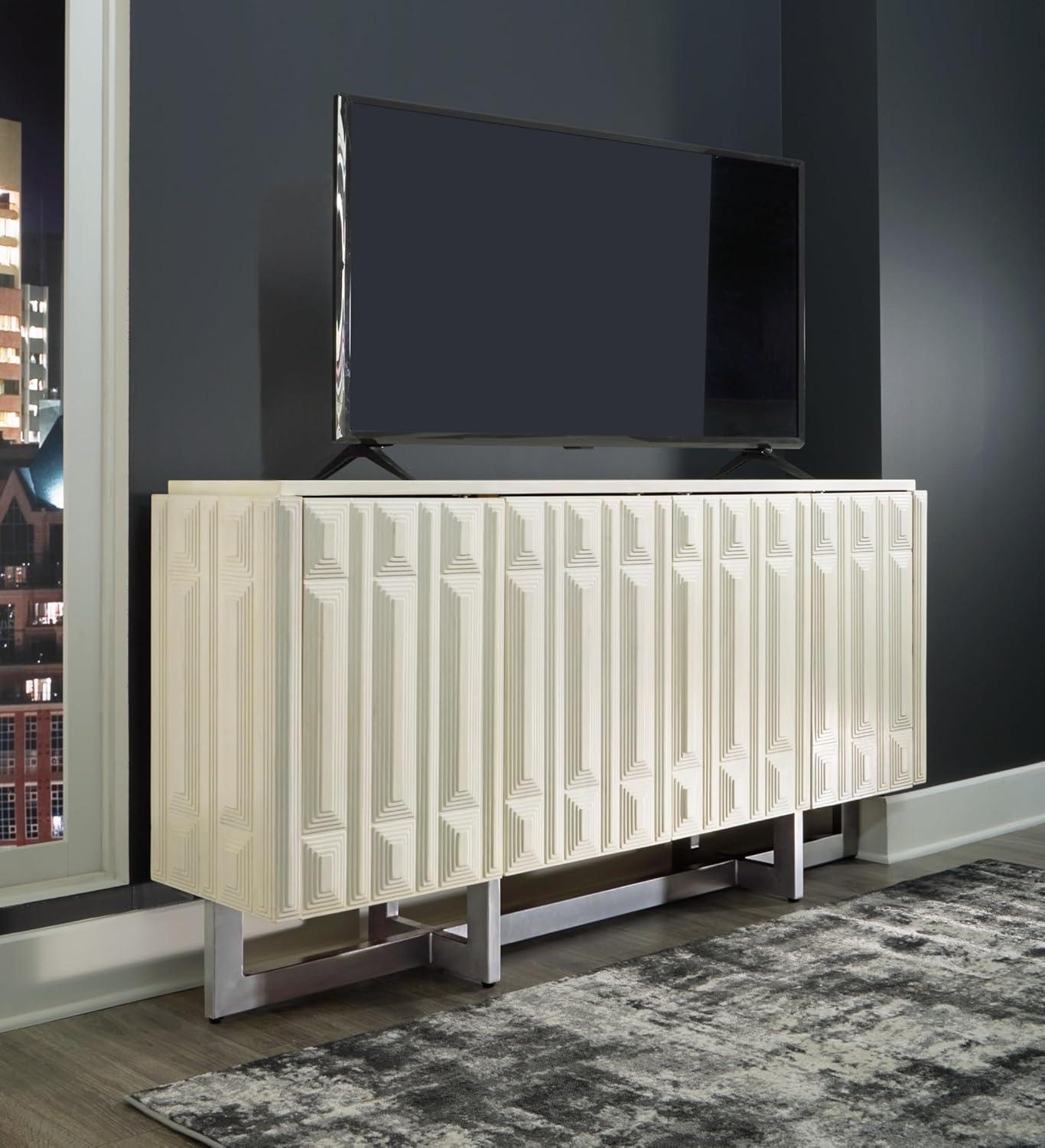 imageSignature Design by Ashley Ornawel Contemporary 4Door Accent Cabinet with 2 Shelves Step Pattern and Lightly Distressed Finish White