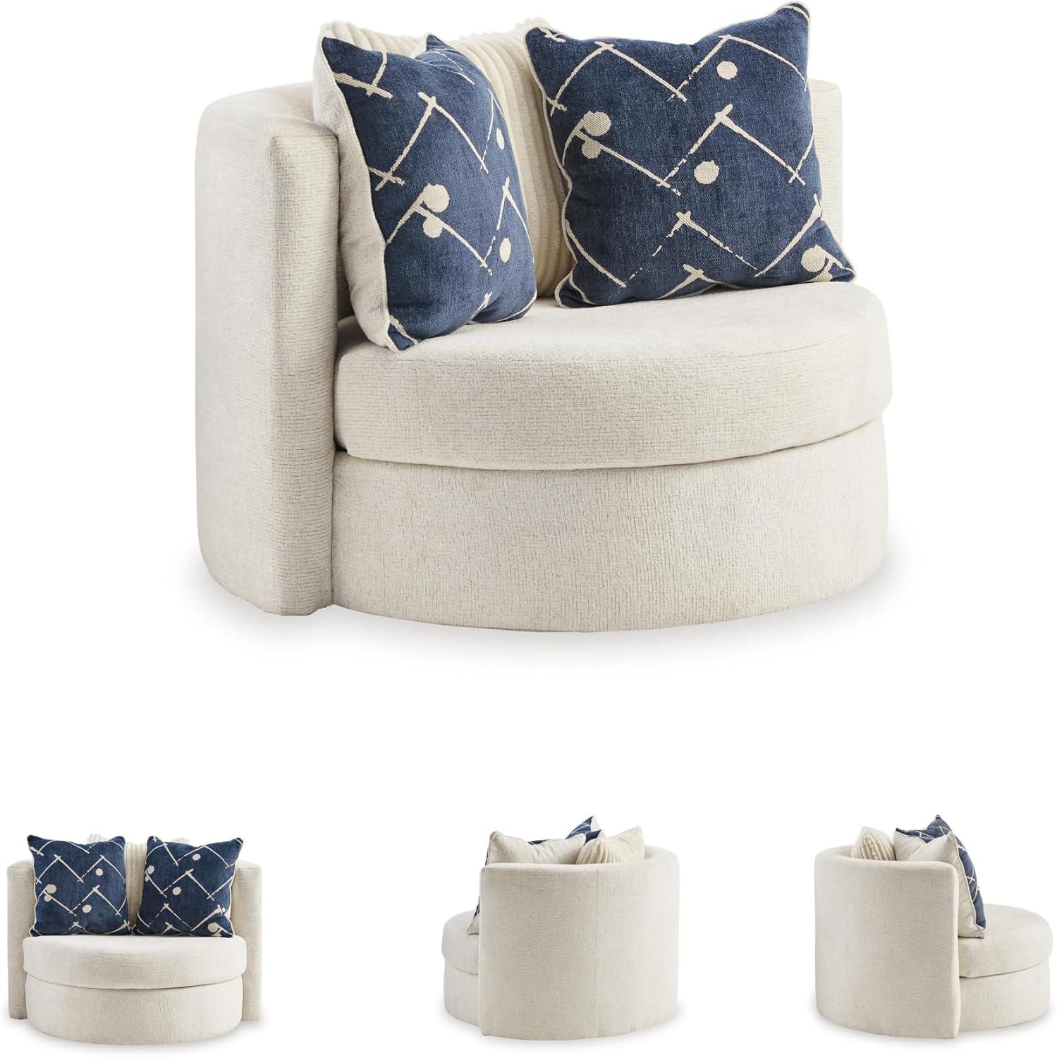 imageSignature Design by Ashley Padova Transitional Upholstered Swivel Accent Chair Reversible Seat Cushion 3 Complimentary Accent Pillows 360Degree Swivel Ivory Fabric
