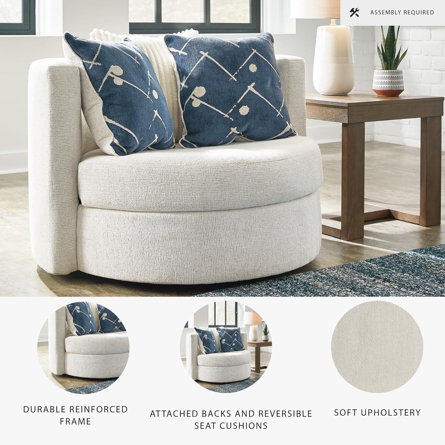 imageSignature Design by Ashley Padova Transitional Upholstered Swivel Accent Chair Reversible Seat Cushion 3 Complimentary Accent Pillows 360Degree Swivel Ivory Fabric
