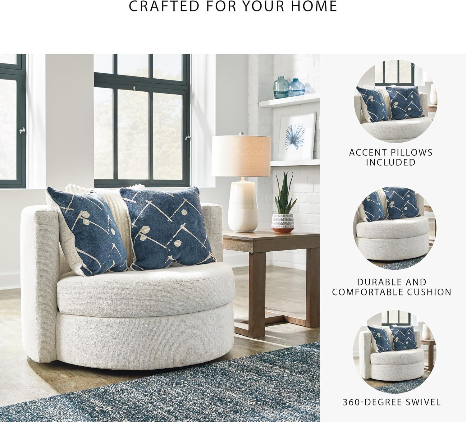 imageSignature Design by Ashley Padova Transitional Upholstered Swivel Accent Chair Reversible Seat Cushion 3 Complimentary Accent Pillows 360Degree Swivel Ivory Fabric