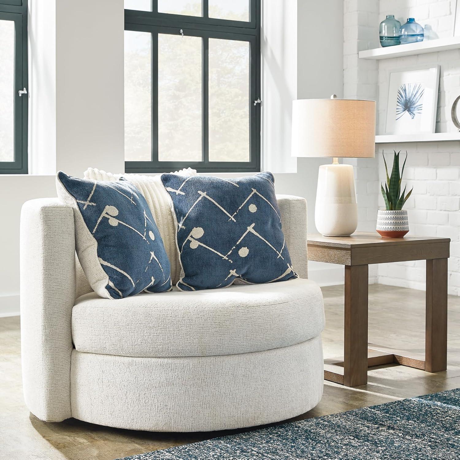 imageSignature Design by Ashley Padova Transitional Upholstered Swivel Accent Chair Reversible Seat Cushion 3 Complimentary Accent Pillows 360Degree Swivel Ivory Fabric
