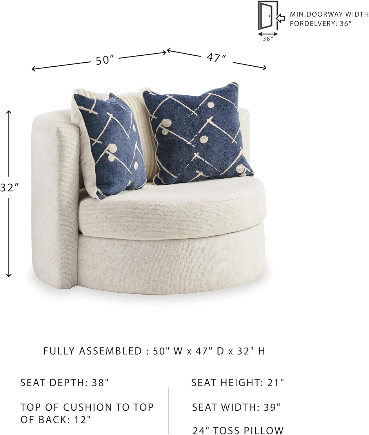 imageSignature Design by Ashley Padova Transitional Upholstered Swivel Accent Chair Reversible Seat Cushion 3 Complimentary Accent Pillows 360Degree Swivel Ivory Fabric