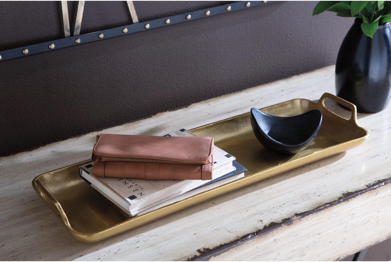 imageSignature Design by Ashley Posy Contemporary Decorative Metal Serving Tray with Handles Display Only Not Food Safe Cast Aluminum 24quot Length Gold Finish