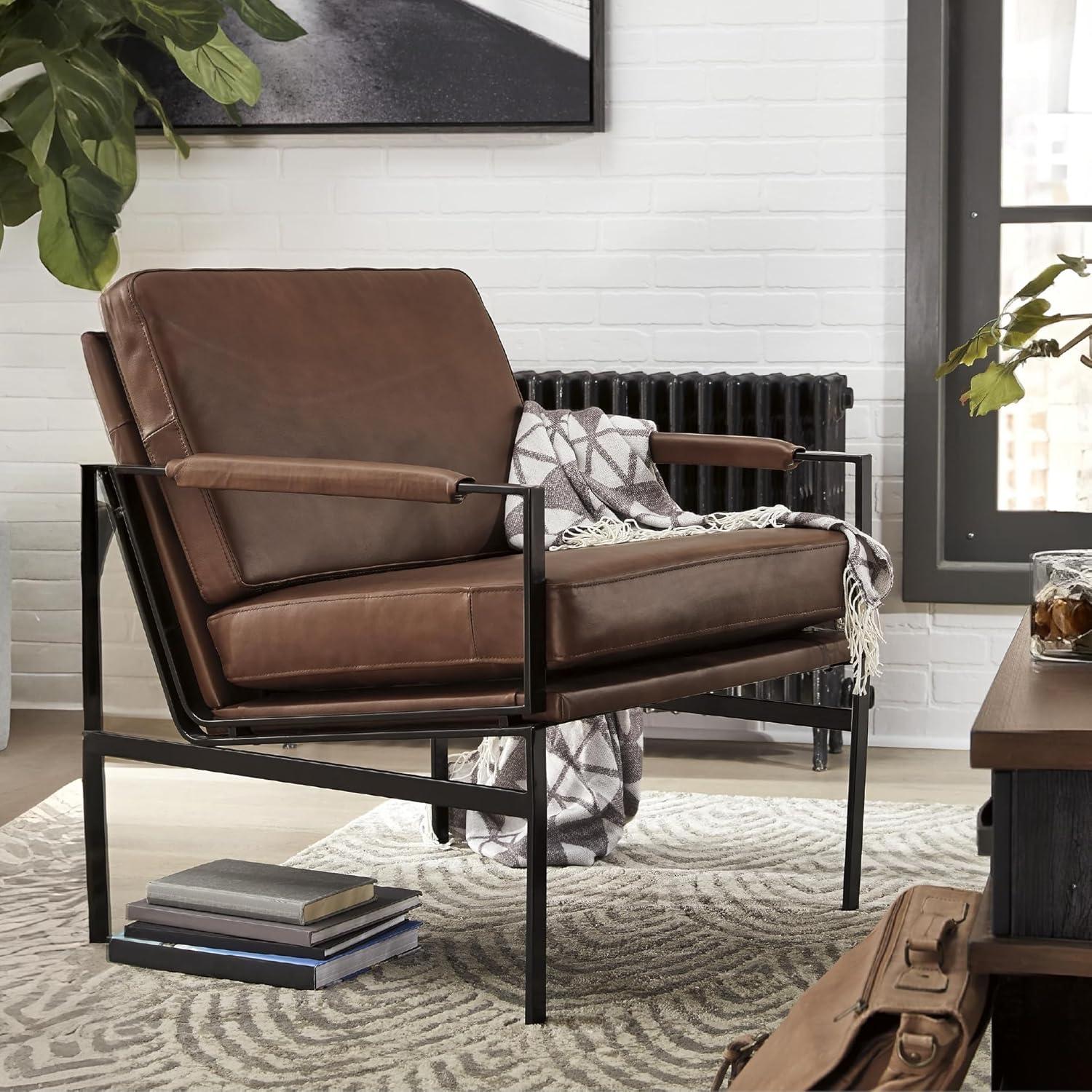 imageSignature Design by Ashley Puckman MidCentury Modern Leather Accent Chair BlackBrownSilver Finish