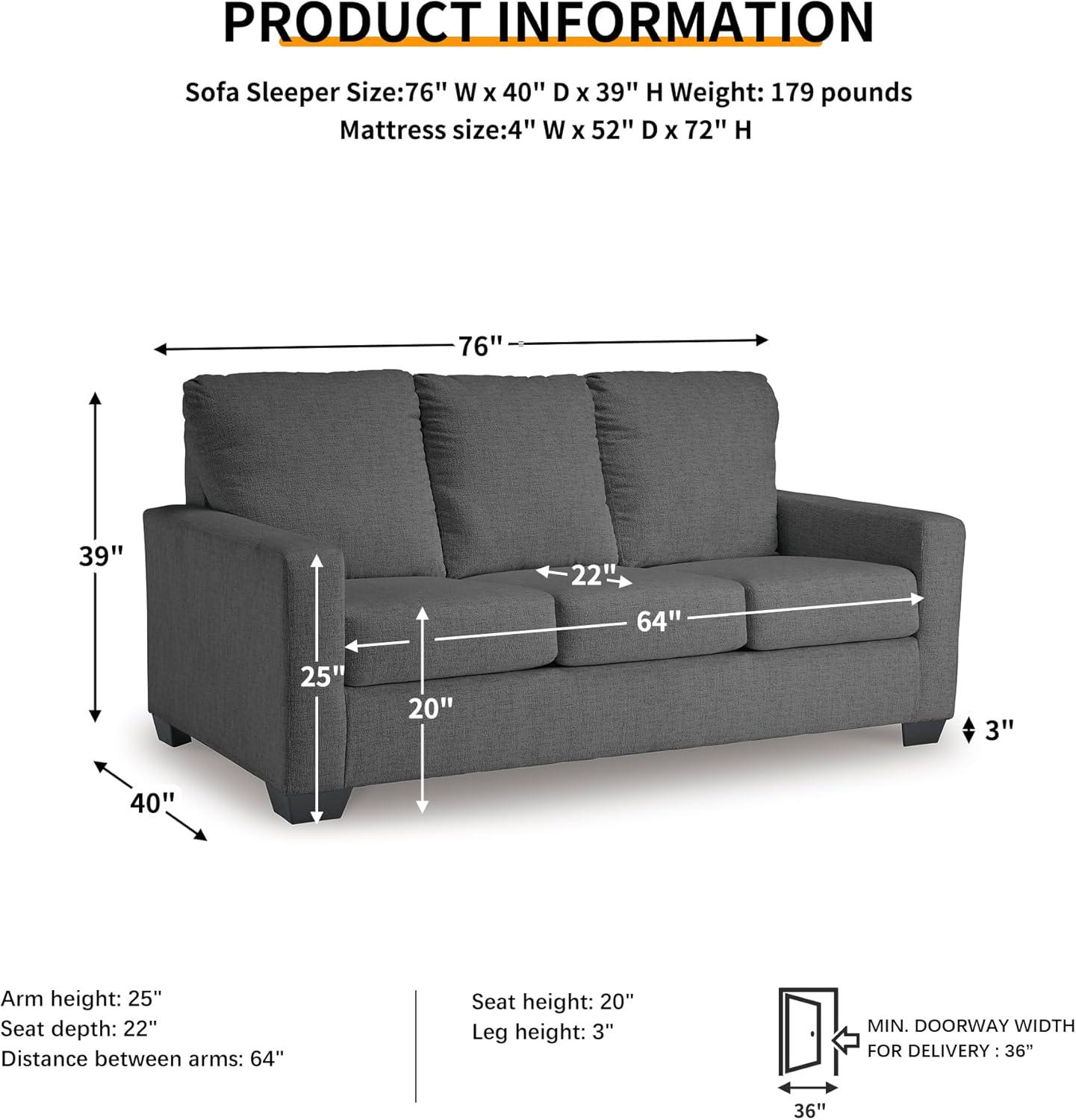 imageSignature Design by Ashley Rannis Casual 2in1 Sofa Sleeper with Folding Gel Memory Foam Mattress Twin GrayFull
