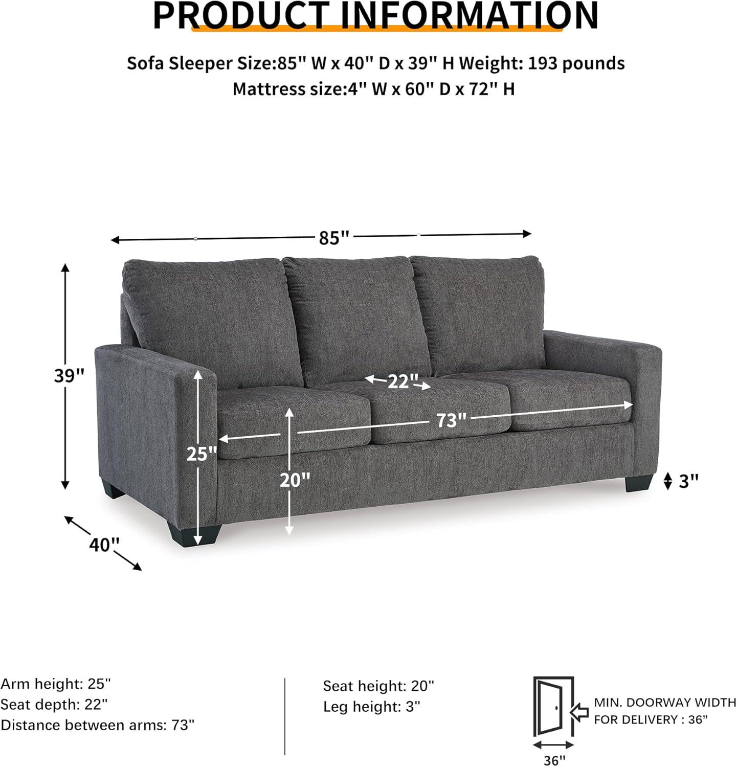 imageSignature Design by Ashley Rannis Casual 2in1 Sofa Sleeper with Folding Gel Memory Foam Mattress Twin GrayQueen