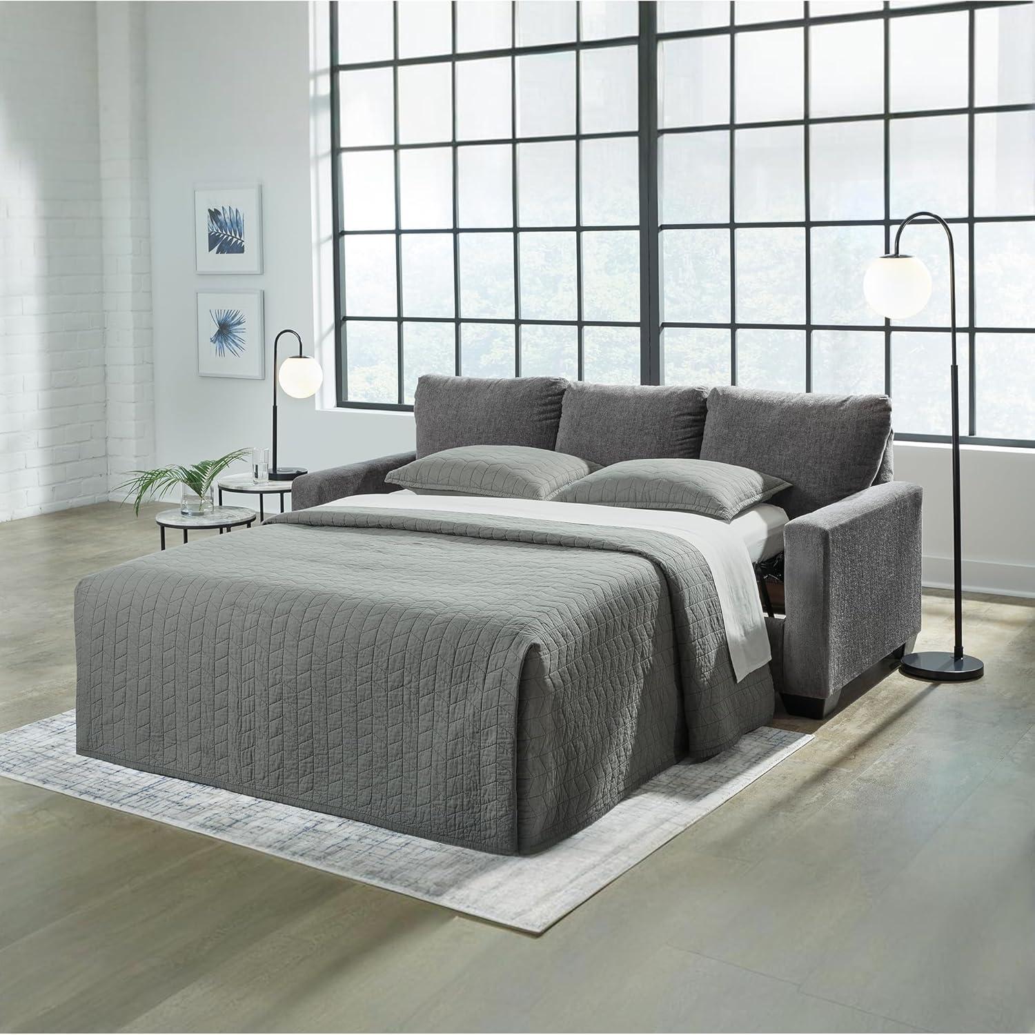 imageSignature Design by Ashley Rannis Casual 2in1 Sofa Sleeper with Folding Gel Memory Foam Mattress Twin GrayQueen