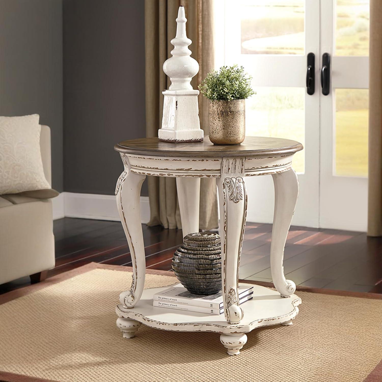 imageSignature Design by Ashley Realyn Cottage Style Round End Table Fixed Lower Shelf Antiqued 2tone Finish Wood 26quot W x 26quot D x 2588quot H White and BrownWhitewash