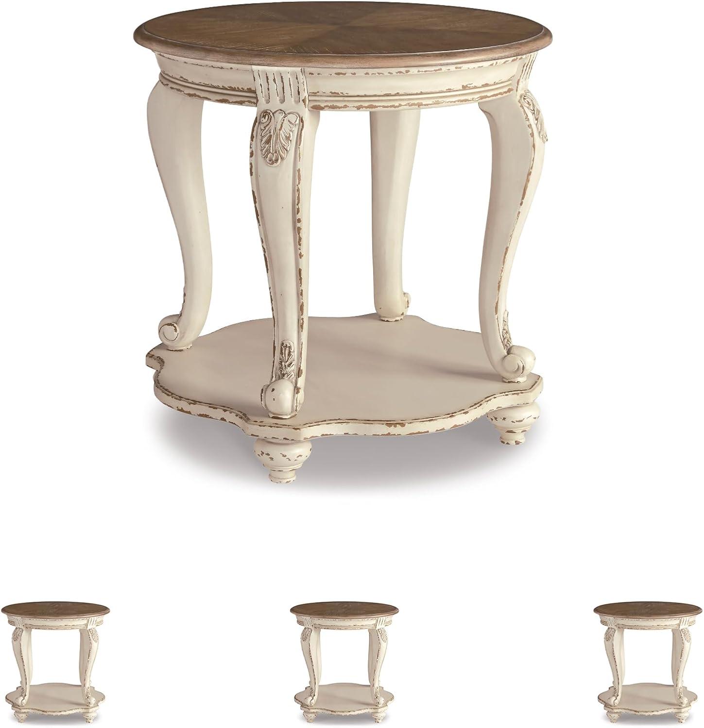 imageSignature Design by Ashley Realyn Cottage Style Round End Table Fixed Lower Shelf Antiqued 2tone Finish Wood 26quot W x 26quot D x 2588quot H White and BrownWhitewash