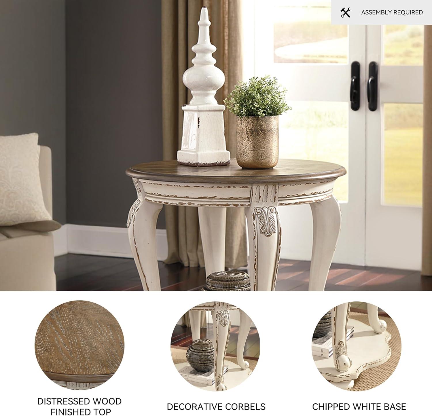 imageSignature Design by Ashley Realyn Cottage Style Round End Table Fixed Lower Shelf Antiqued 2tone Finish Wood 26quot W x 26quot D x 2588quot H White and BrownWhitewash