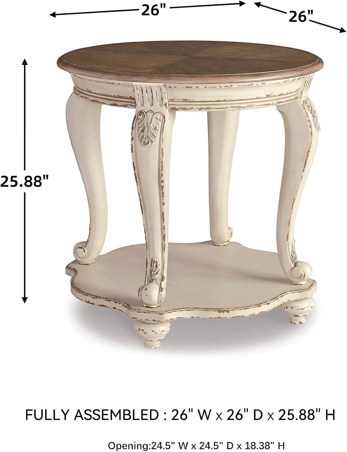 imageSignature Design by Ashley Realyn Cottage Style Round End Table Fixed Lower Shelf Antiqued 2tone Finish Wood 26quot W x 26quot D x 2588quot H White and BrownWhitewash