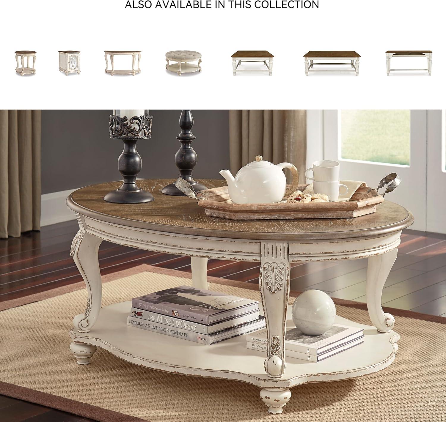 imageSignature Design by Ashley Realyn Cottage Style Round End Table Fixed Lower Shelf Antiqued 2tone Finish Wood 26quot W x 26quot D x 2588quot H White and BrownWhitewash