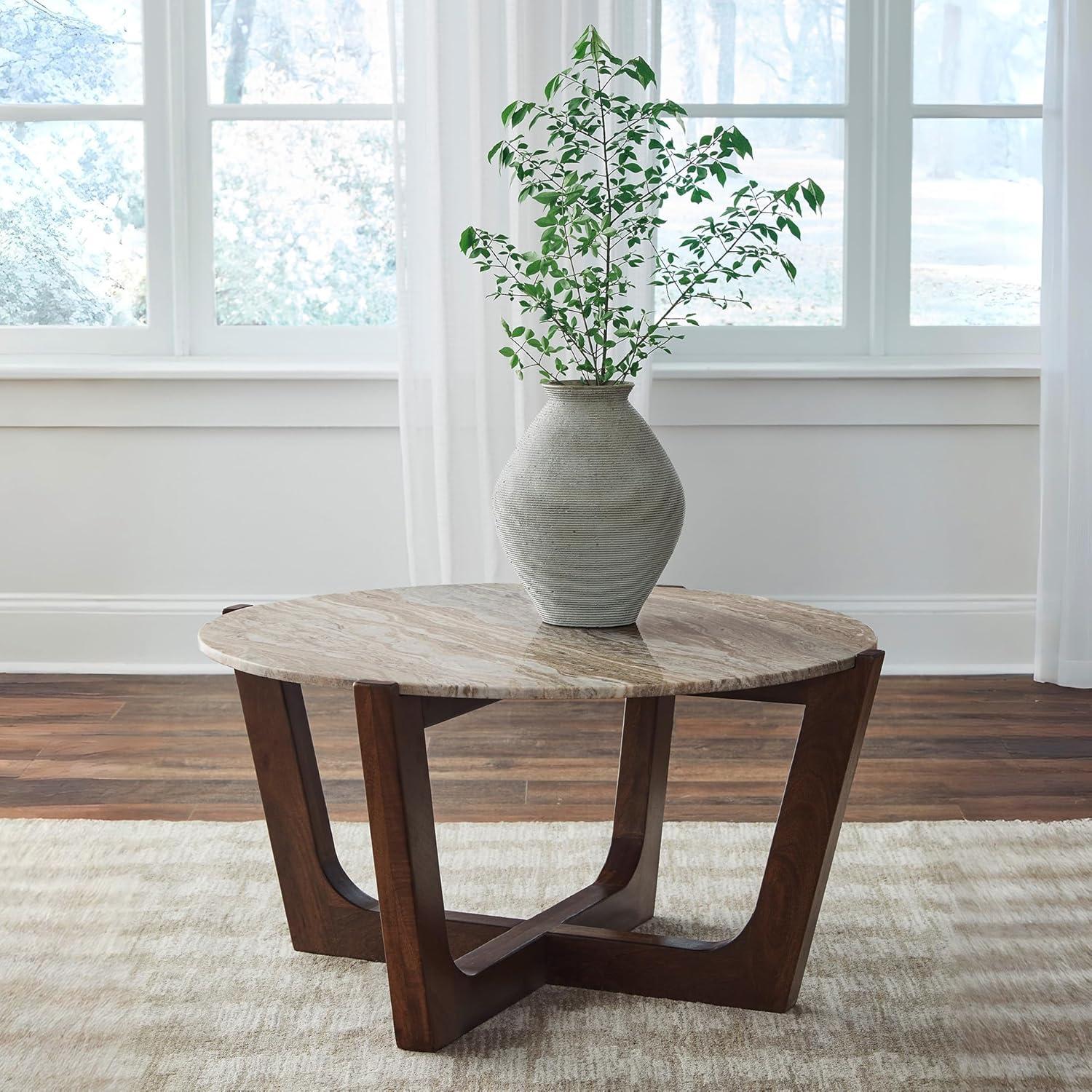 imageSignature Design by Ashley Tanidore Casual Solid Mango Wood Coffee Table with Marble Top Dark Brown ampamp Beige