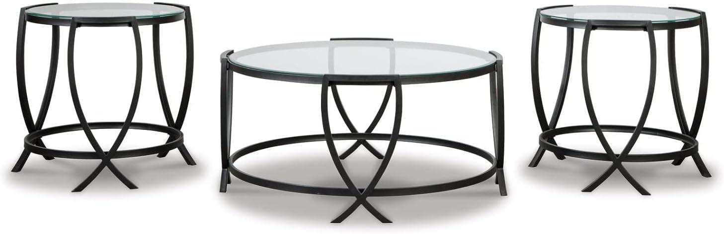 imageSignature Design by Ashley Tarrin Contemporary Glass Top Round 3Piece Table Set Includes Coffee Table and 2 End Tables Black