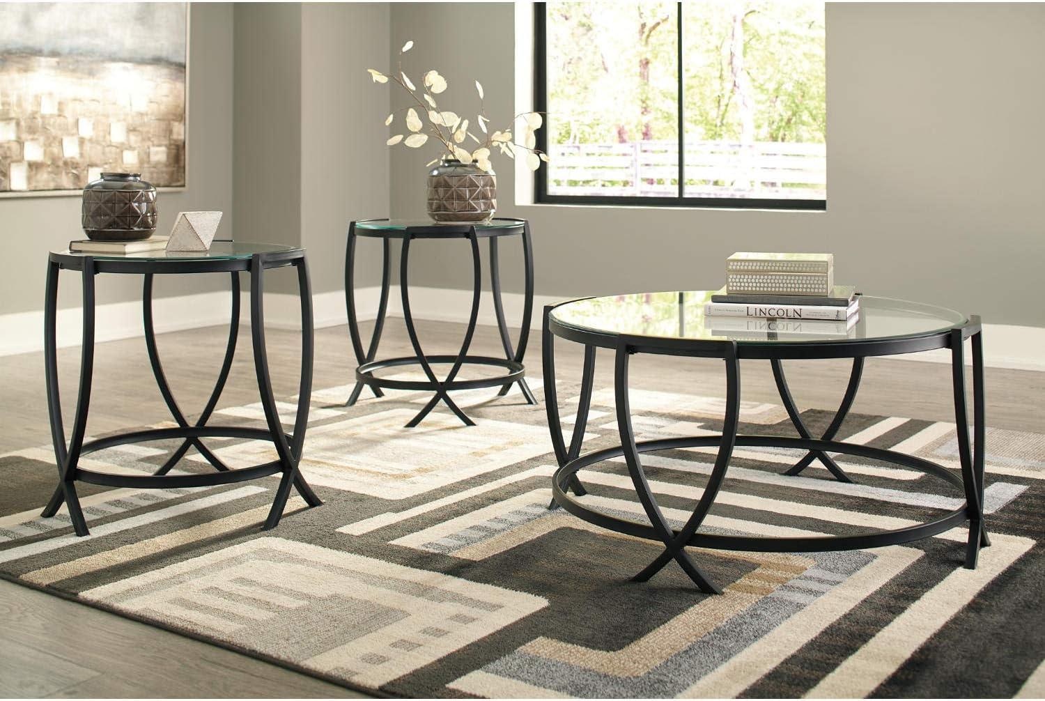 imageSignature Design by Ashley Tarrin Contemporary Glass Top Round 3Piece Table Set Includes Coffee Table and 2 End Tables Black