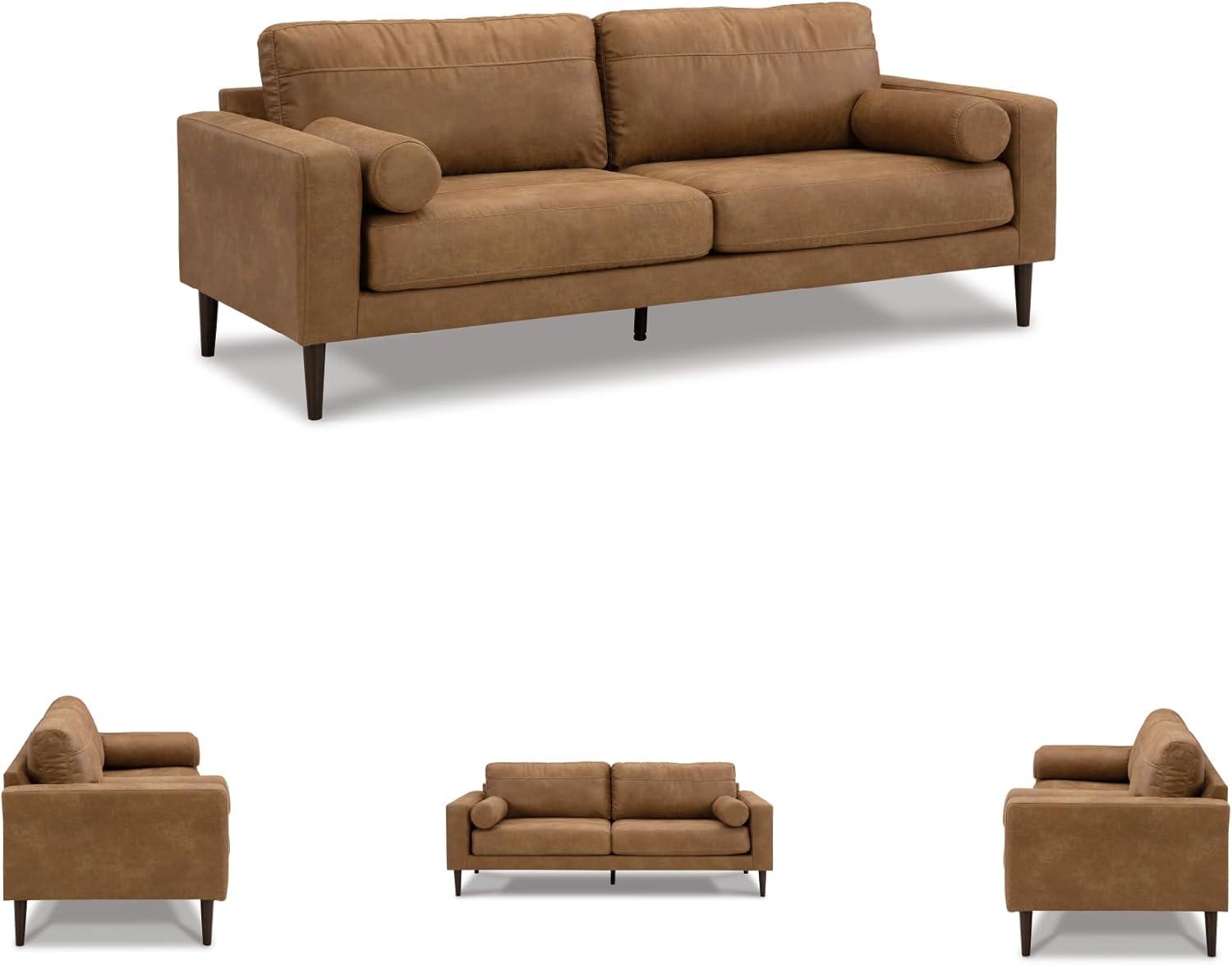 imageSignature Design by Ashley Telora Faux Leather Sofa 2 Bolster Pillows Loose Cushions Faux Wood Finish Accent Legs 85quot W x 35quot D x 35quot H Dark BrownDark Brown