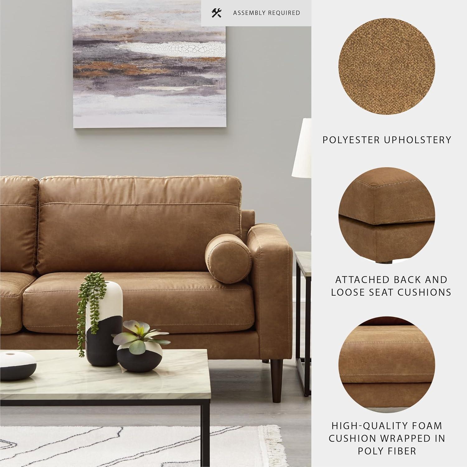 imageSignature Design by Ashley Telora Faux Leather Sofa 2 Bolster Pillows Loose Cushions Faux Wood Finish Accent Legs 85quot W x 35quot D x 35quot H Dark BrownDark Brown