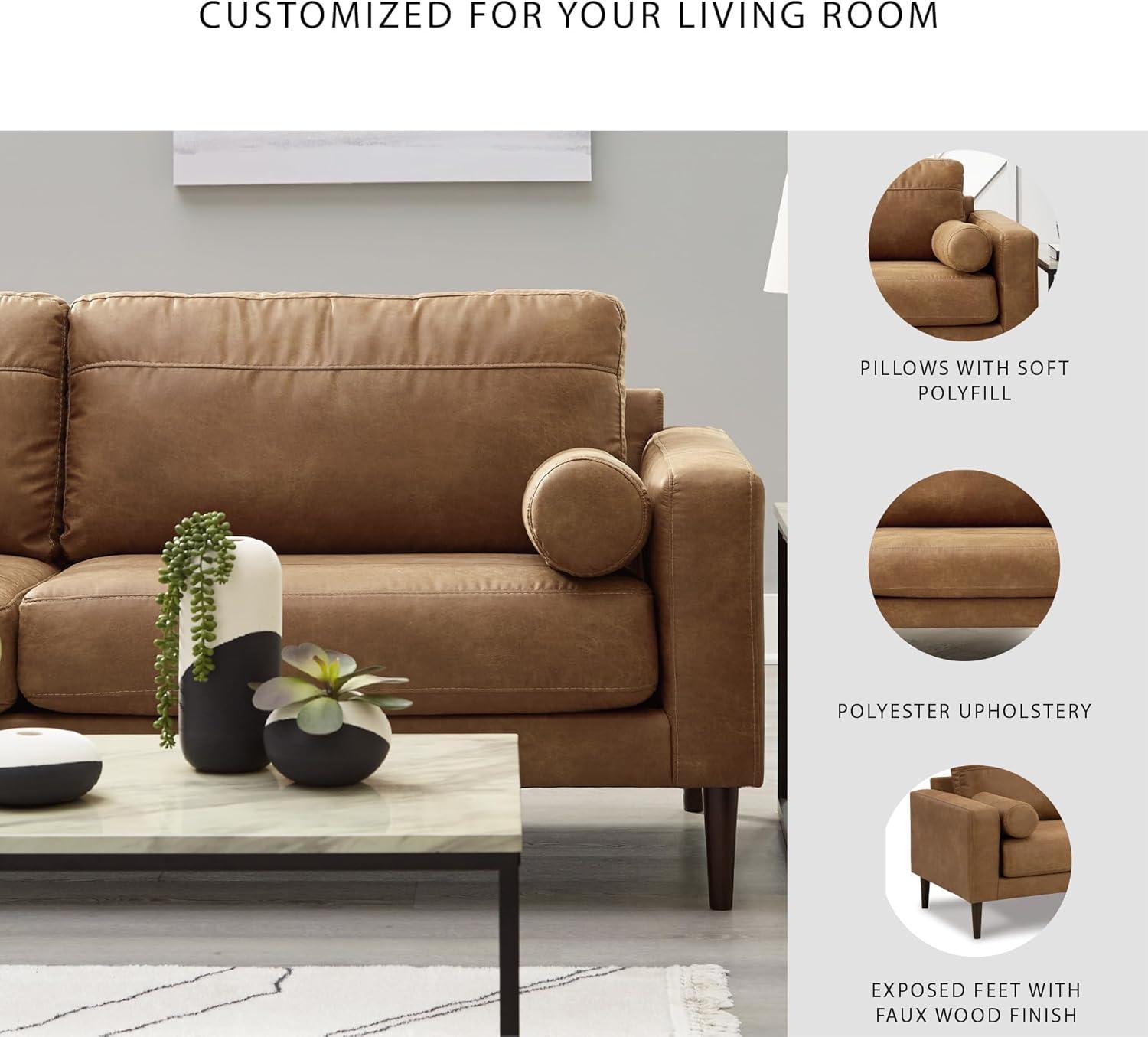 imageSignature Design by Ashley Telora Faux Leather Sofa 2 Bolster Pillows Loose Cushions Faux Wood Finish Accent Legs 85quot W x 35quot D x 35quot H Dark BrownDark Brown