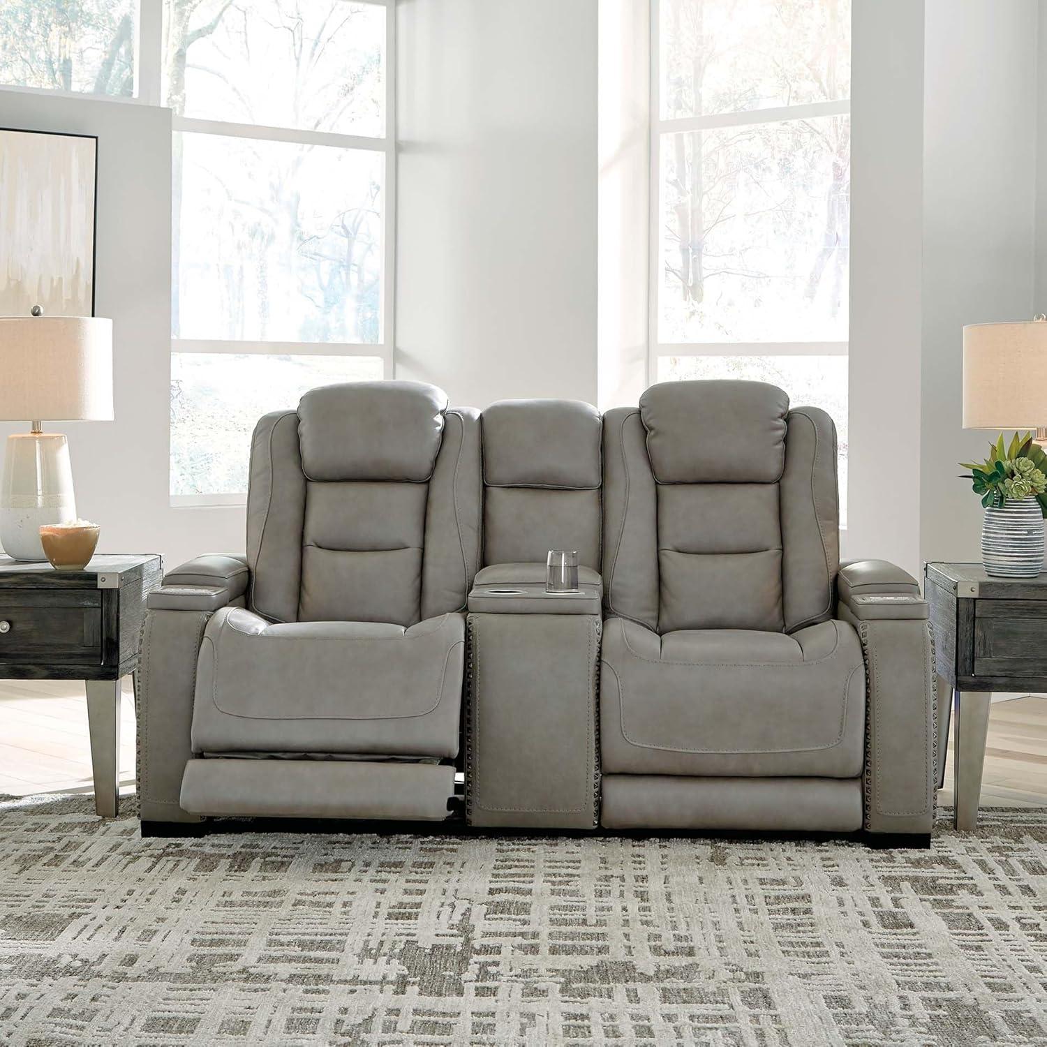 imageSignature Design by Ashley The ManDen Leather Power Reclining Loveseat with Center Console Adjustable Headrest ampamp Wireless Charging GrayGrey