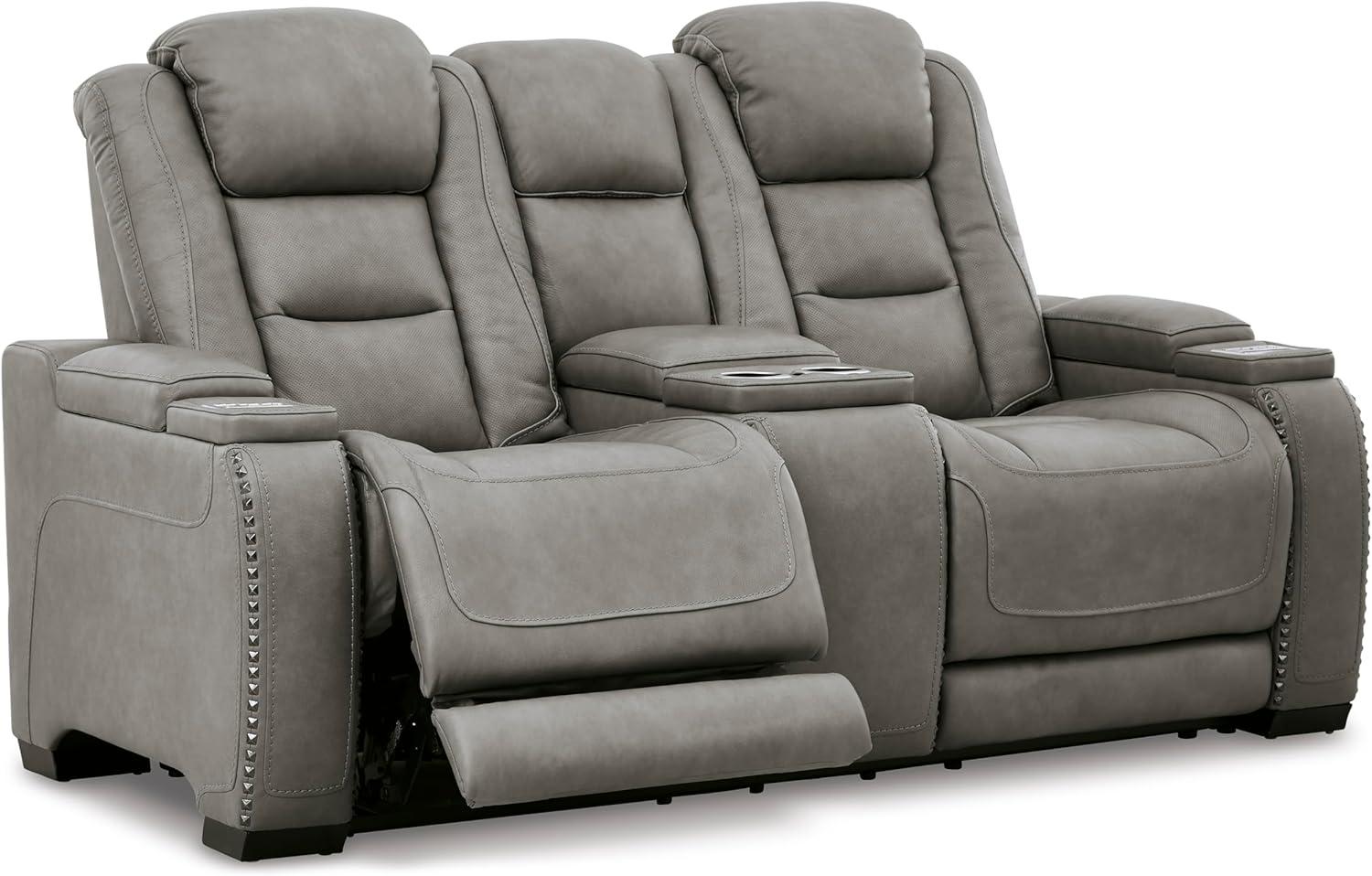 imageSignature Design by Ashley The ManDen Leather Power Reclining Loveseat with Center Console Adjustable Headrest ampamp Wireless Charging GrayGrey