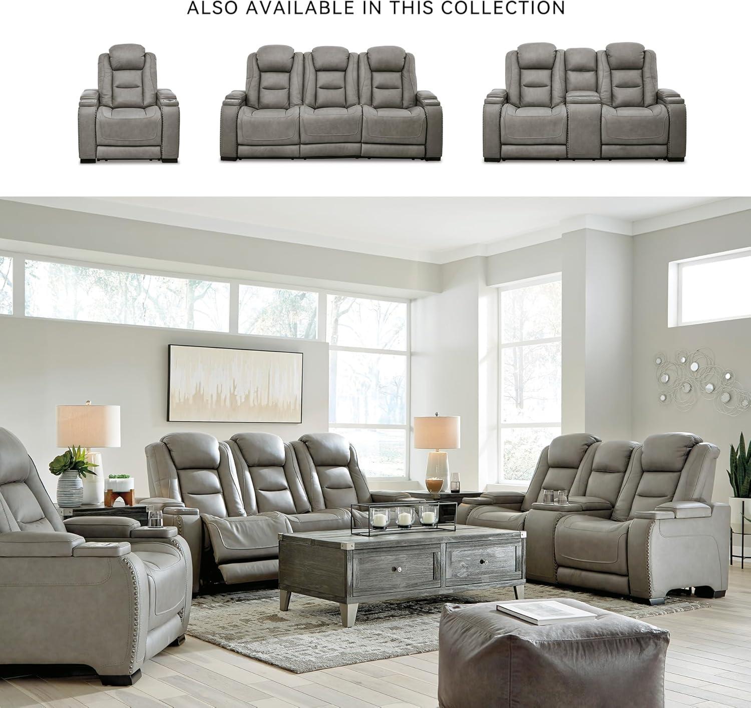 imageSignature Design by Ashley The ManDen Leather Power Reclining Loveseat with Center Console Adjustable Headrest ampamp Wireless Charging GrayGrey