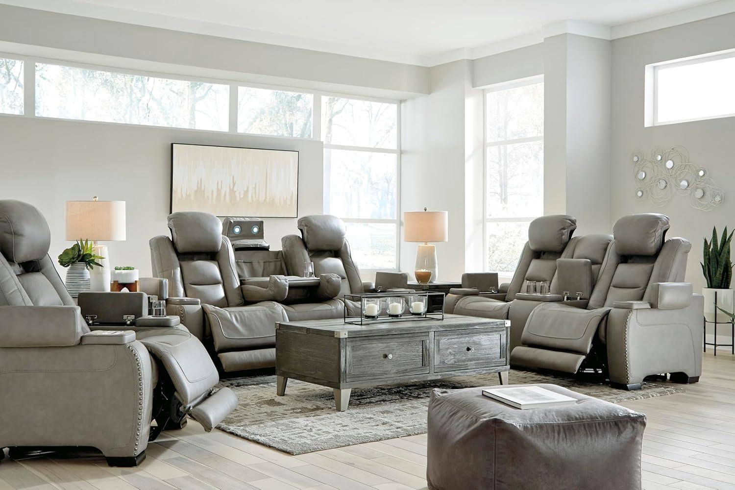 imageSignature Design by Ashley The ManDen Leather Power Reclining Loveseat with Center Console Adjustable Headrest ampamp Wireless Charging GrayGrey