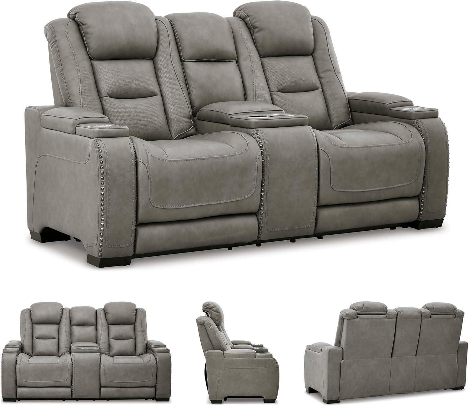 imageSignature Design by Ashley The ManDen Leather Power Reclining Loveseat with Center Console Adjustable Headrest ampamp Wireless Charging GrayGrey