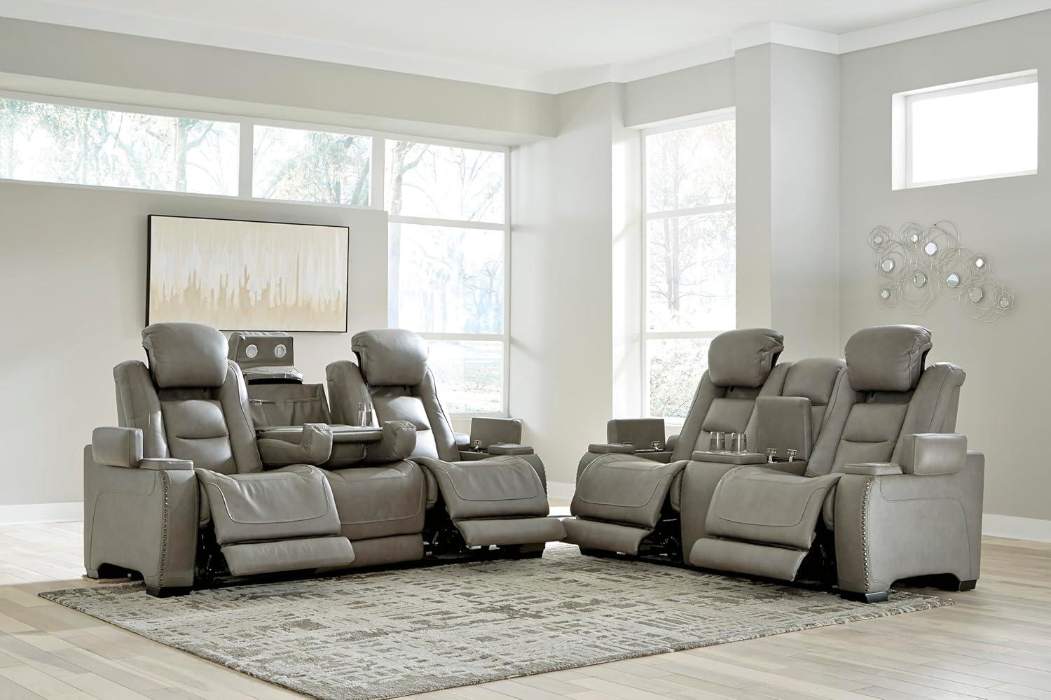 imageSignature Design by Ashley The ManDen Leather Power Reclining Loveseat with Center Console Adjustable Headrest ampamp Wireless Charging GrayGrey