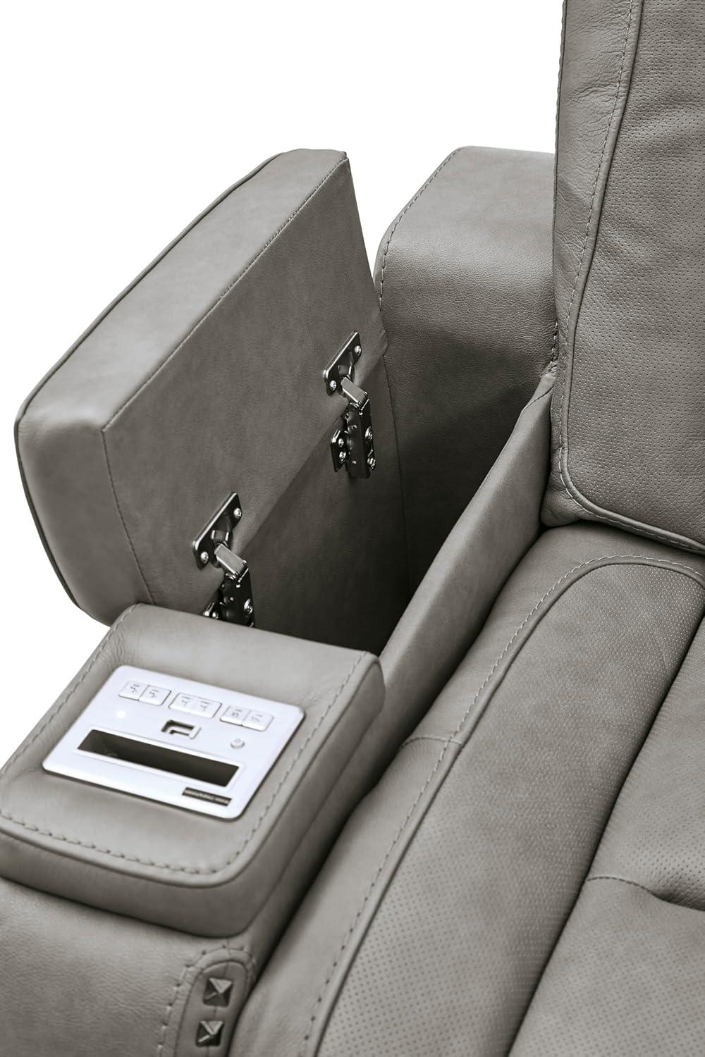 imageSignature Design by Ashley The ManDen Leather Power Reclining Loveseat with Center Console Adjustable Headrest ampamp Wireless Charging GrayGrey