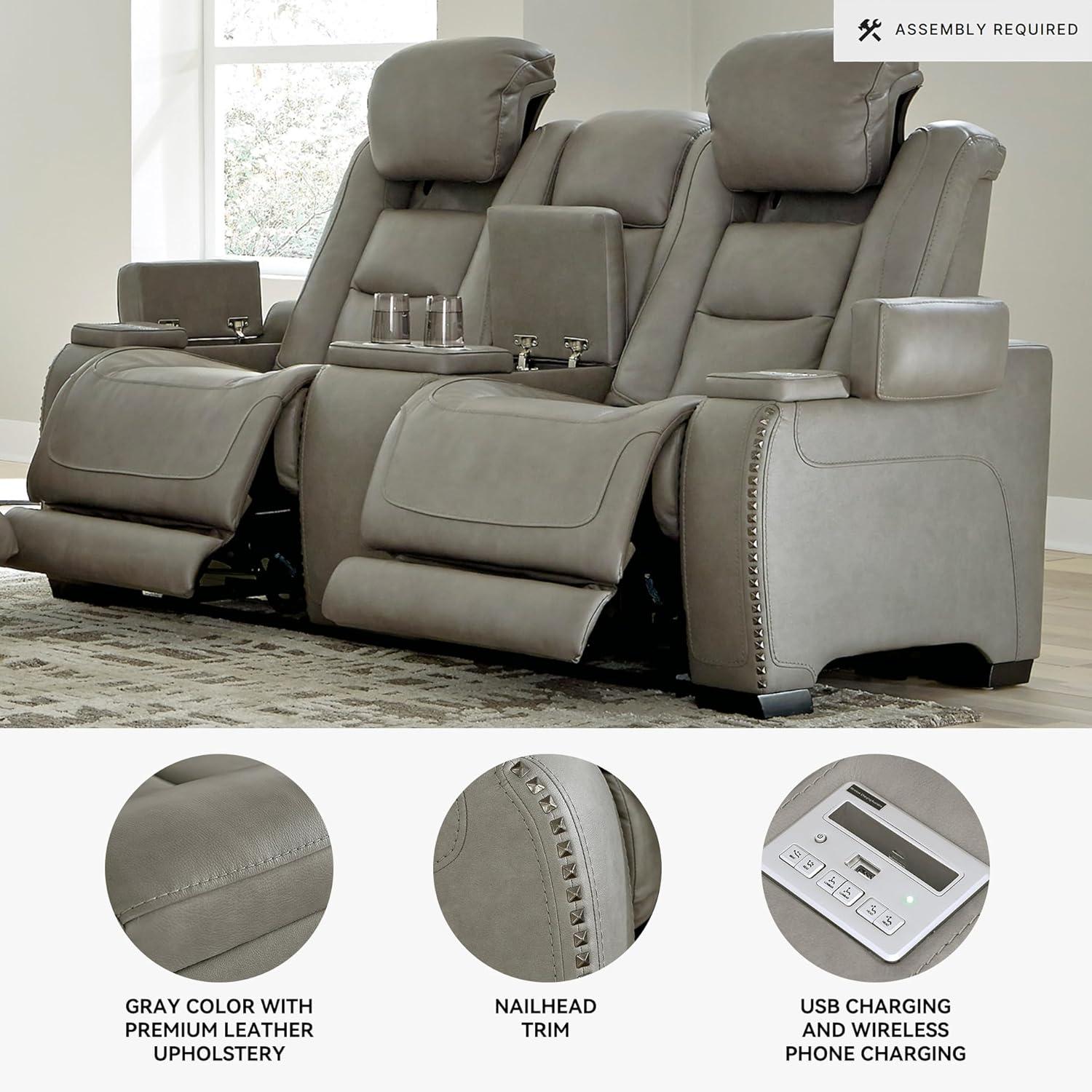 imageSignature Design by Ashley The ManDen Leather Power Reclining Loveseat with Center Console Adjustable Headrest ampamp Wireless Charging GrayGrey