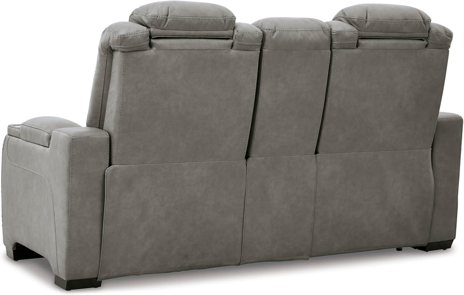 imageSignature Design by Ashley The ManDen Leather Power Reclining Loveseat with Center Console Adjustable Headrest ampamp Wireless Charging GrayGrey