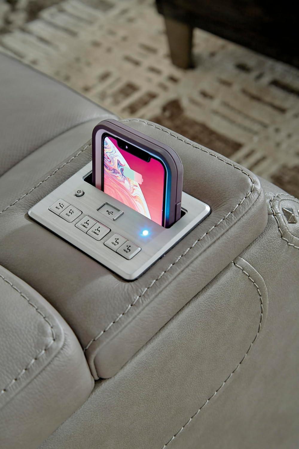 imageSignature Design by Ashley The ManDen Leather Power Reclining Loveseat with Center Console Adjustable Headrest ampamp Wireless Charging GrayGrey