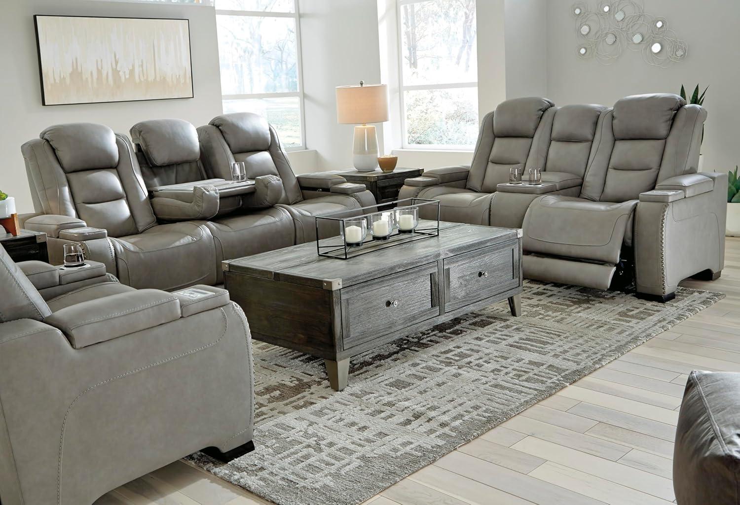 imageSignature Design by Ashley The ManDen Leather Power Reclining Loveseat with Center Console Adjustable Headrest ampamp Wireless Charging GrayGrey