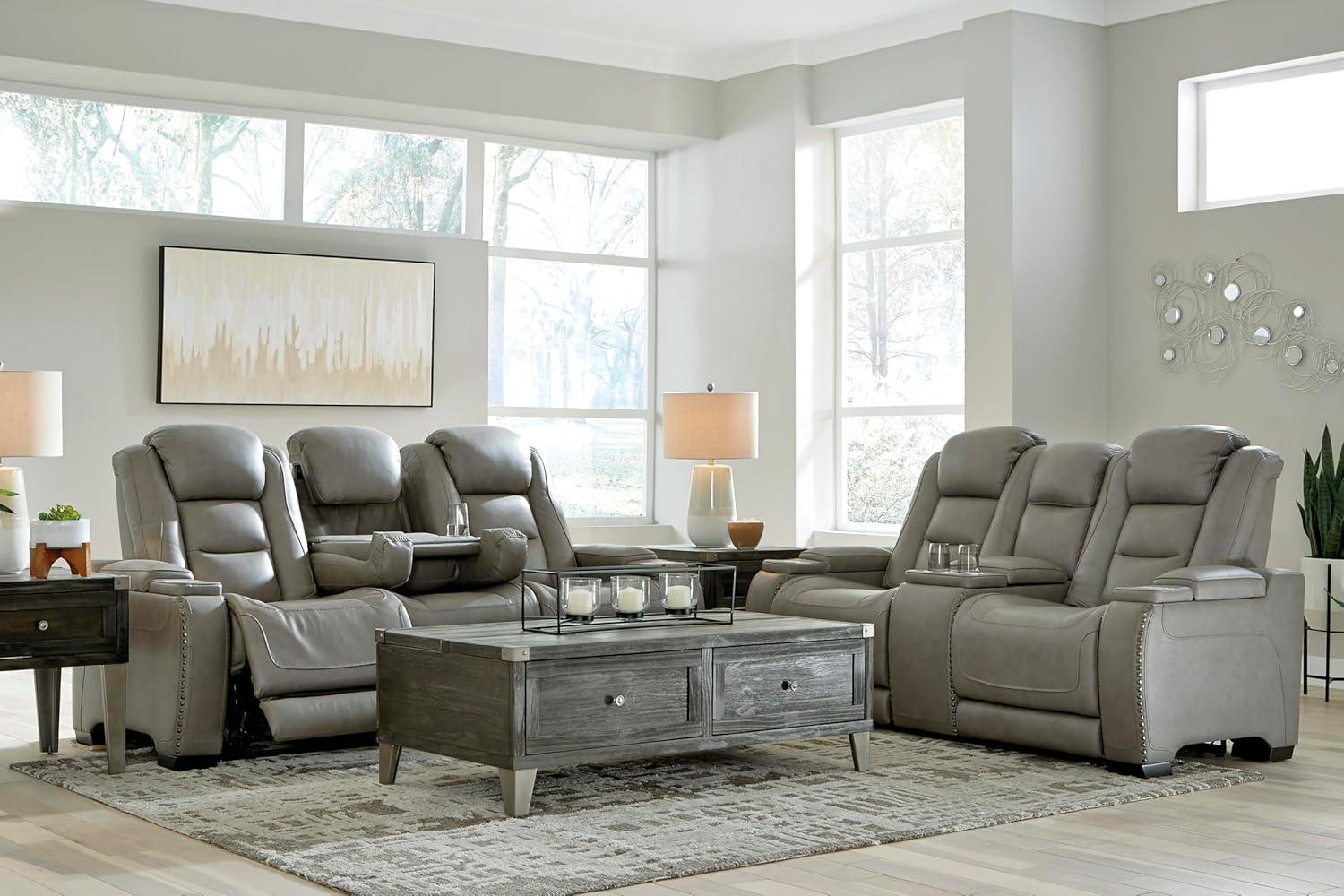 imageSignature Design by Ashley The ManDen Leather Power Reclining Loveseat with Center Console Adjustable Headrest ampamp Wireless Charging GrayGrey