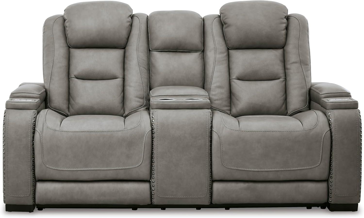 imageSignature Design by Ashley The ManDen Leather Power Reclining Loveseat with Center Console Adjustable Headrest ampamp Wireless Charging GrayGrey